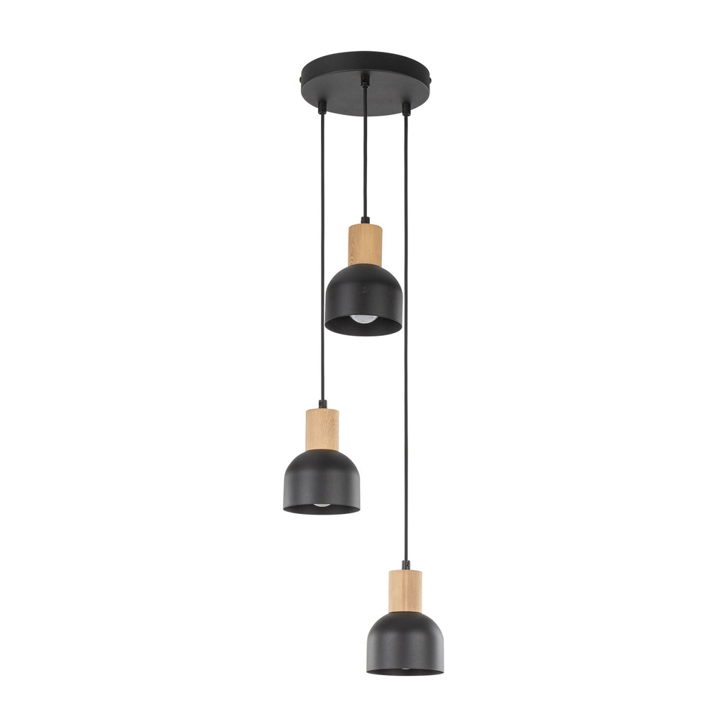 CAIRO Black & Wood 3-Light Pendant for Dining Room, Stairwell & Modern Interiors