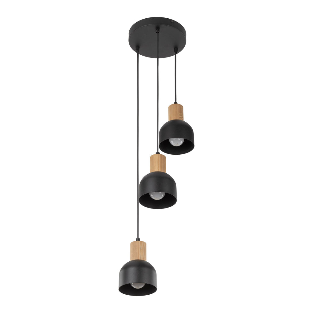 CAIRO Black & Wood 3-Light Pendant for Dining Room, Stairwell & Modern Interiors