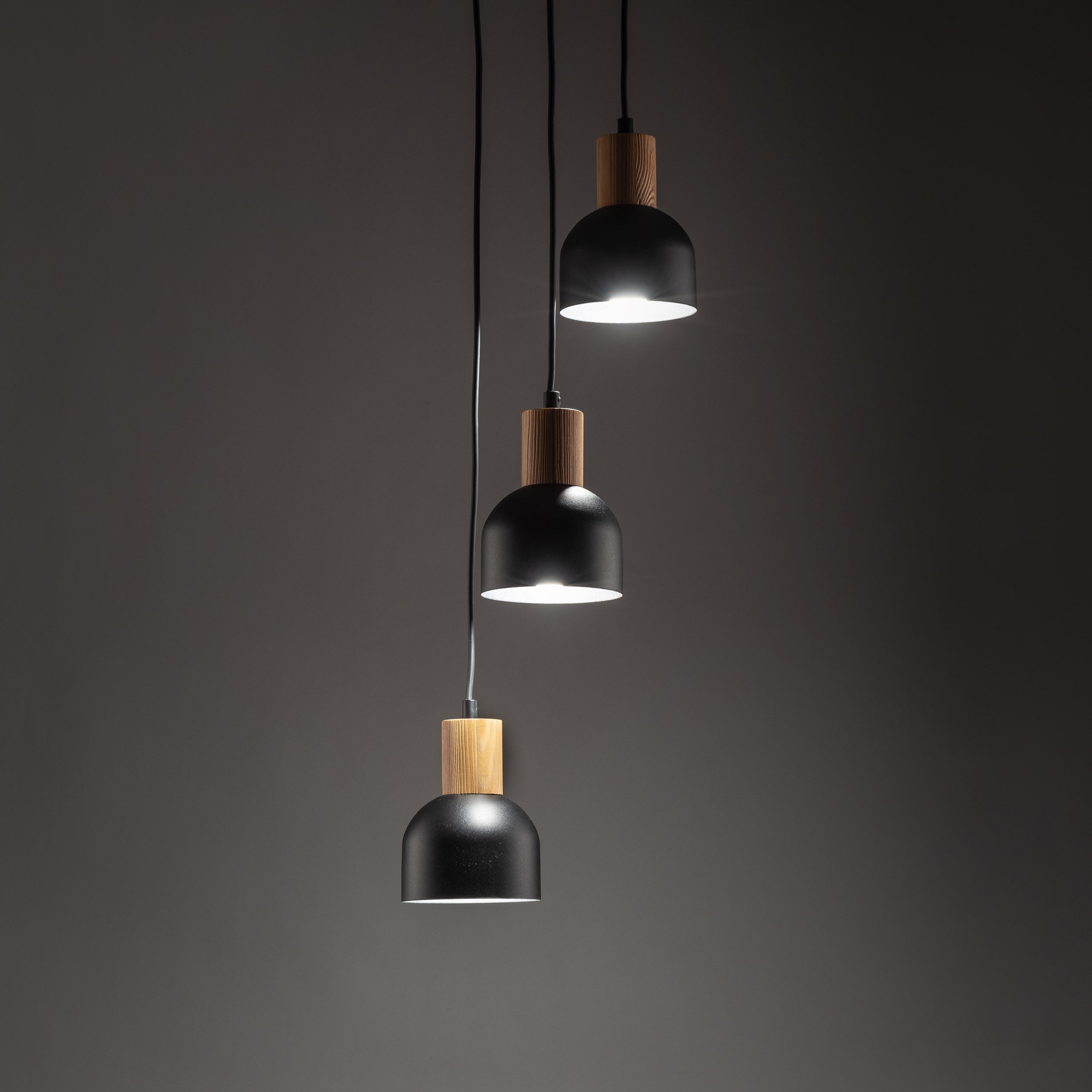CAIRO Black & Wood 3-Light Pendant for Dining Room, Stairwell & Modern Interiors