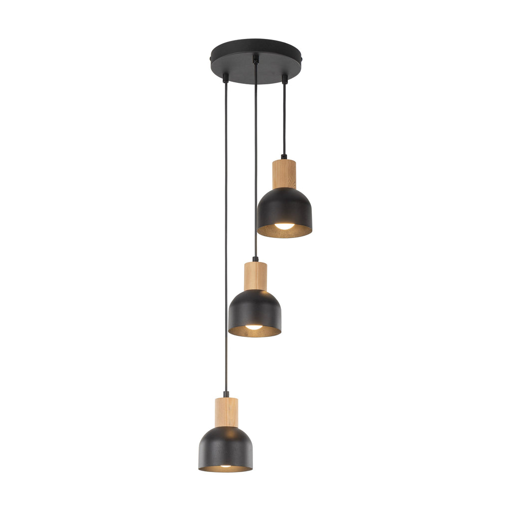 CAIRO Black & Wood 3-Light Pendant for Dining Room, Stairwell & Modern Interiors