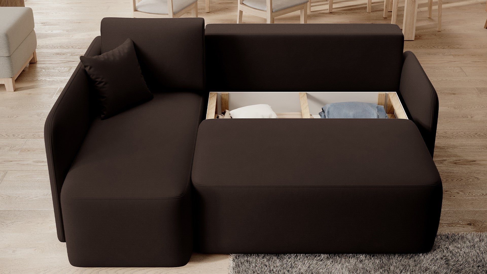 Hadson 3 Seater Storage Sleeper Chaise Sofa - Dark Brown