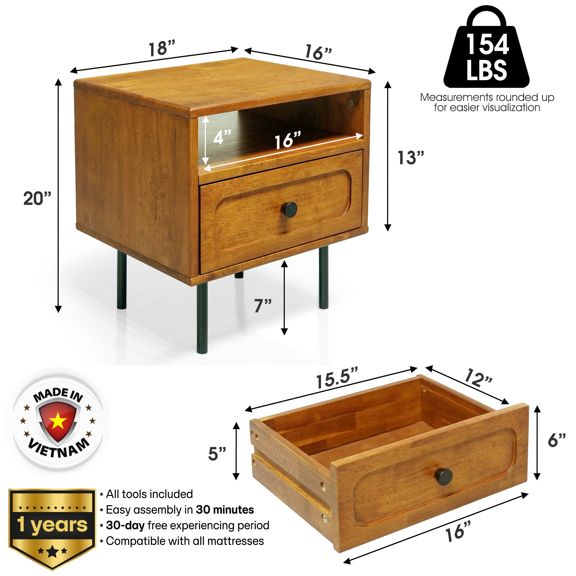 Savana Single Drawer Solid Wood Nightstand