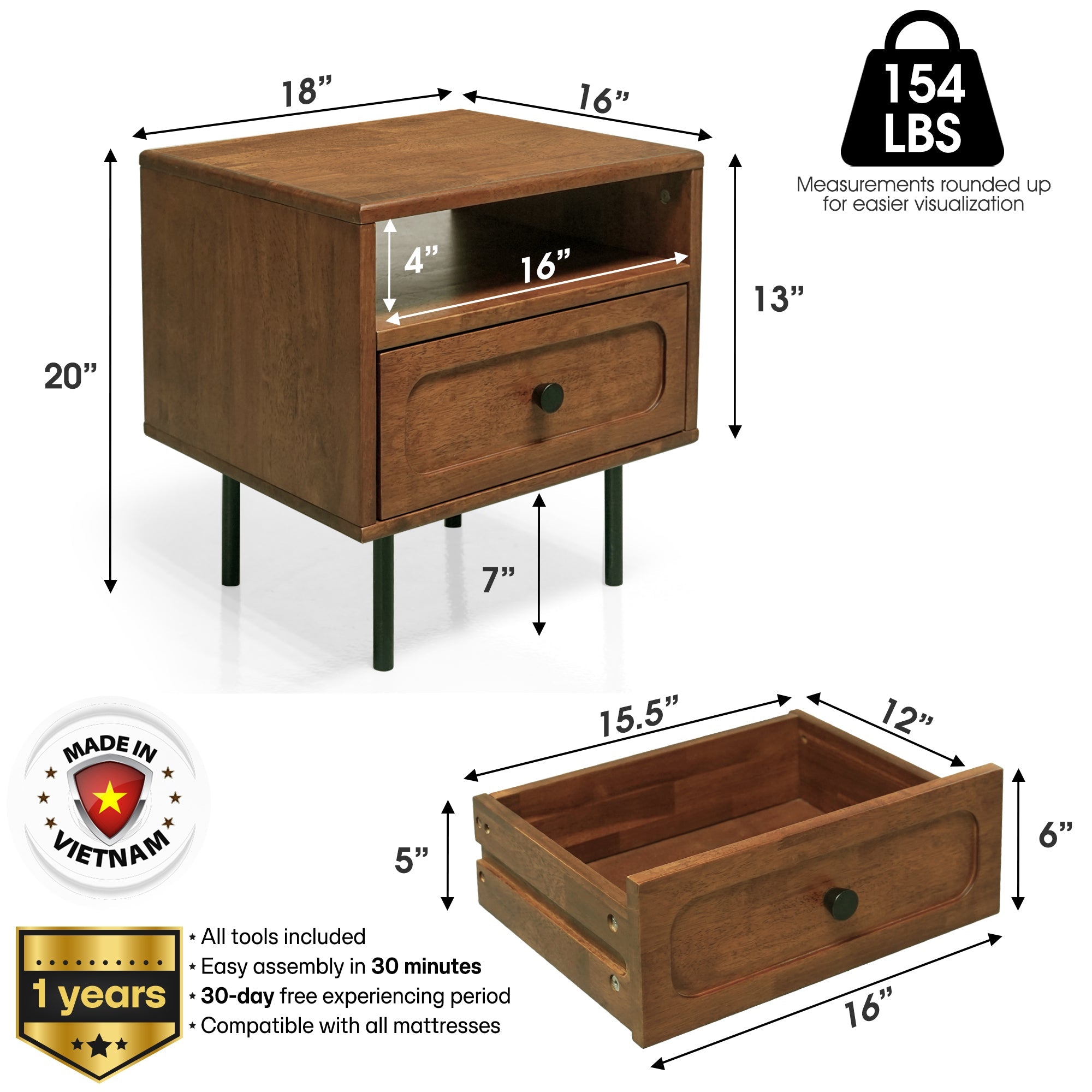 Savana Single Drawer Solid Wood Nightstand