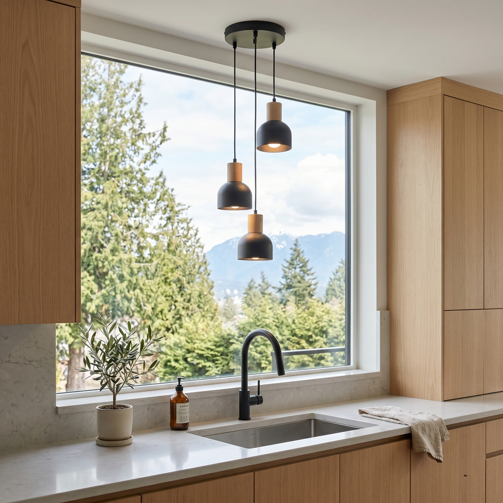 CAIRO Black & Wood 3-Light Pendant for Dining Room, Stairwell & Modern Interiors