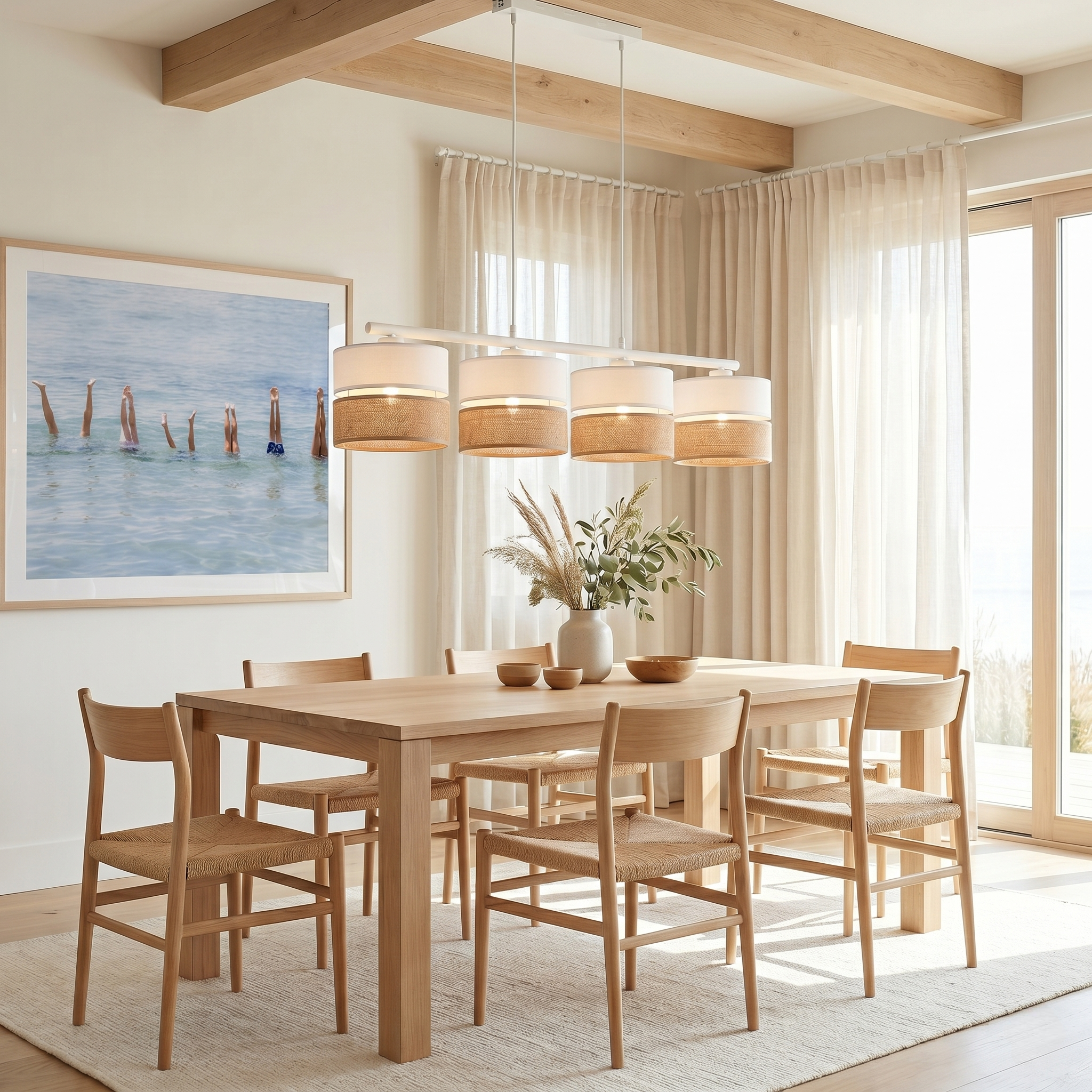 Linobianco 4-Light Linear Pendant with Linen & Jute Shades for Kitchen Island & Dining Table